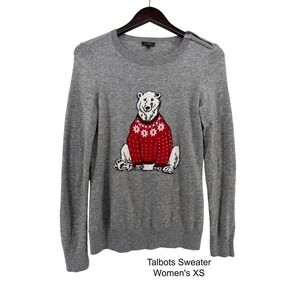 Talbots Womens XS Gray Coca Cola Polar Bear Lambswool Blend Sweater Shoulder Zip